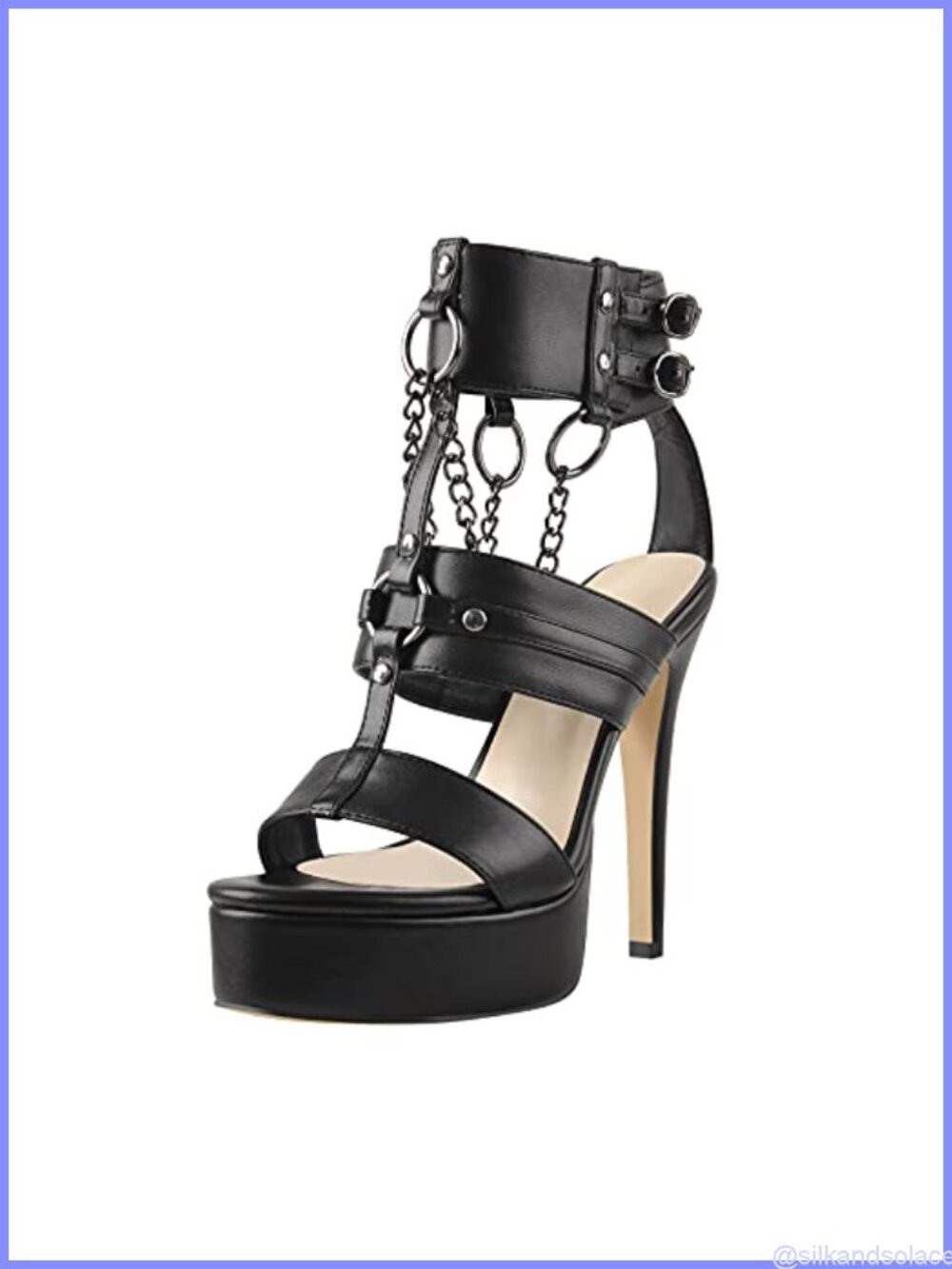 Platform Ankle Strap Stiletto Heel Strappy Sandals with Chains and Grommets